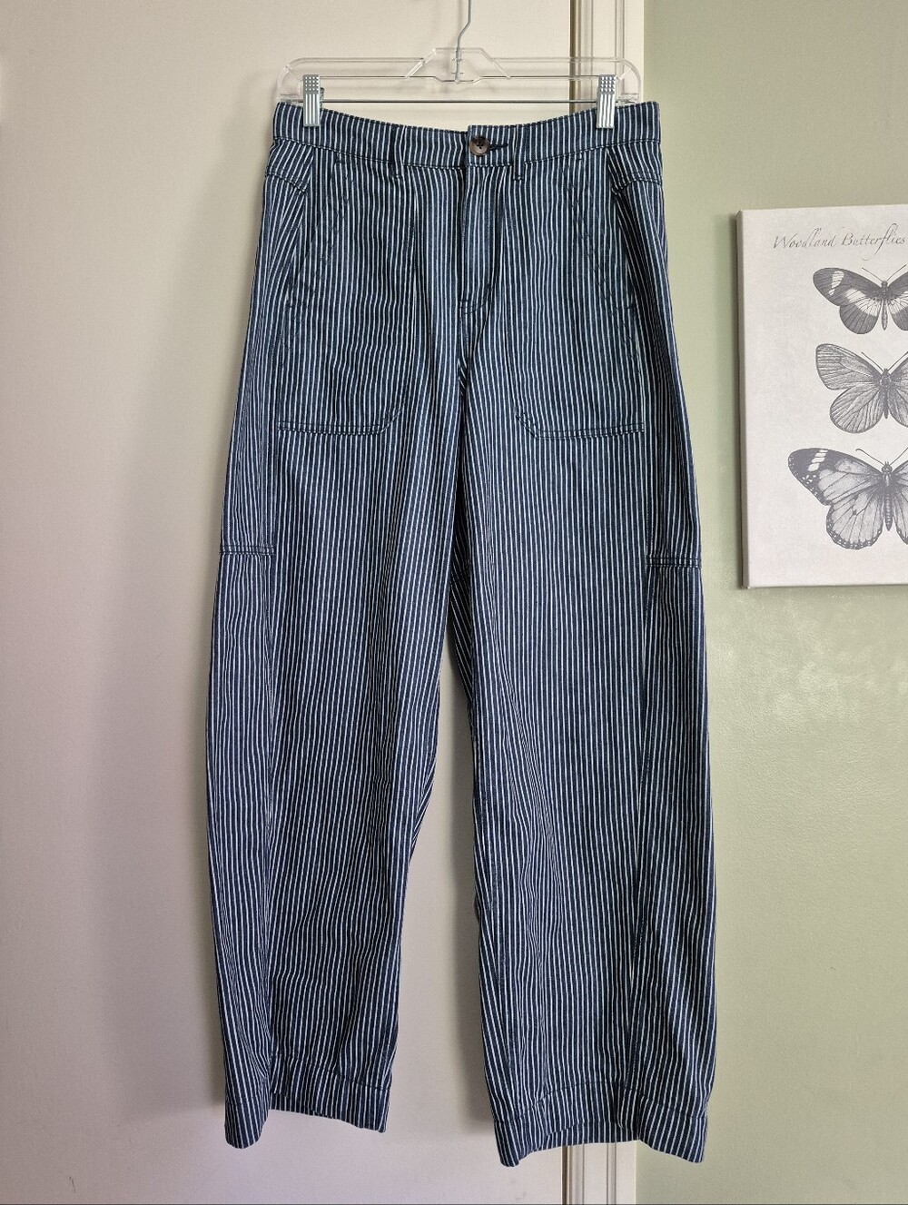 EUC Eleven Loves Billie Barrel Leg Trousers, Navy & White Stripe, US 6/UK 10
